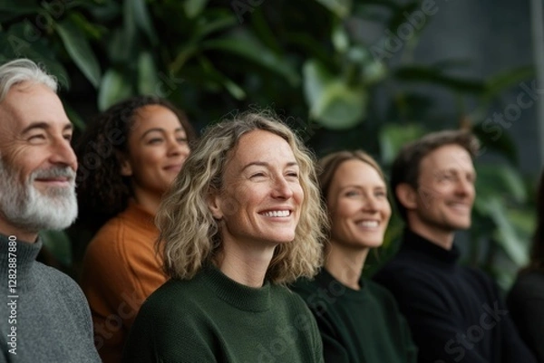 Fototapeta capture diverse group of smiling people of different ages and ethnicities outside in sunlit park symbolizing and well-being