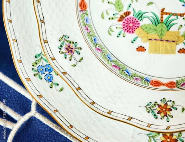 Obraz Vintage bicentennial porcelain in excellent condition with handmade spring flowers. Magnificent spring setting Herend