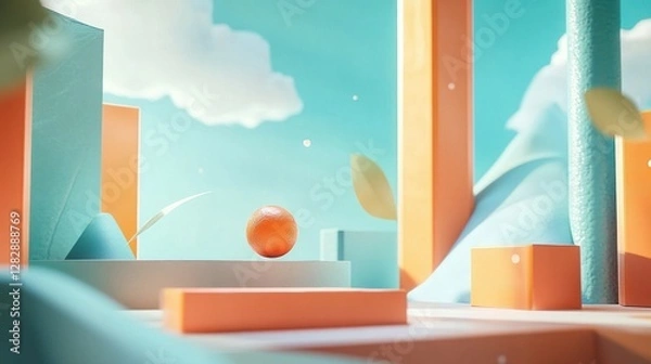 Fototapeta Abstract colorful scene with orange ball, geometric shapes, and airy background