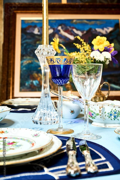 Obraz Vintage bicentennial porcelain in excellent condition with handmade spring flowers. Magnificent spring setting Herend