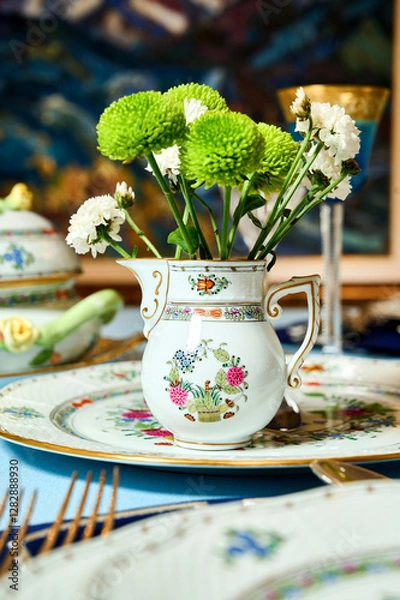 Obraz Vintage bicentennial porcelain in excellent condition with handmade spring flowers. Magnificent spring setting Herend
