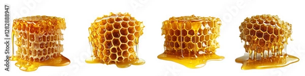 Fototapeta set of A detailed beehive dripping fresh honey, a honey-filled journey of a bee, fresh honey dripping from a detailed beehive, golden honey flowing from a beehive, on a transparent backgrounds