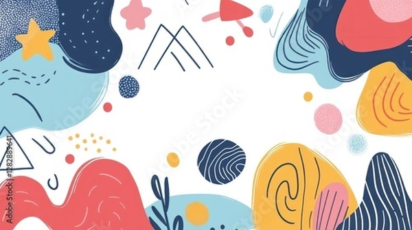 Fototapeta Abstract colorful shapes, decorative border, playful design, minimal background
