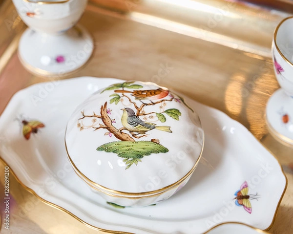 Obraz Fine vintage Rothschild Bird porcelain for true connoisseurs and royalty. The finest hand-painted forforework. Magnificent setting using unique textiles and fresh flowers. This service will not leave 