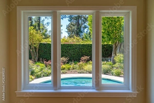 Fototapeta Interior view of a three-panel window showcasing a garden and pool