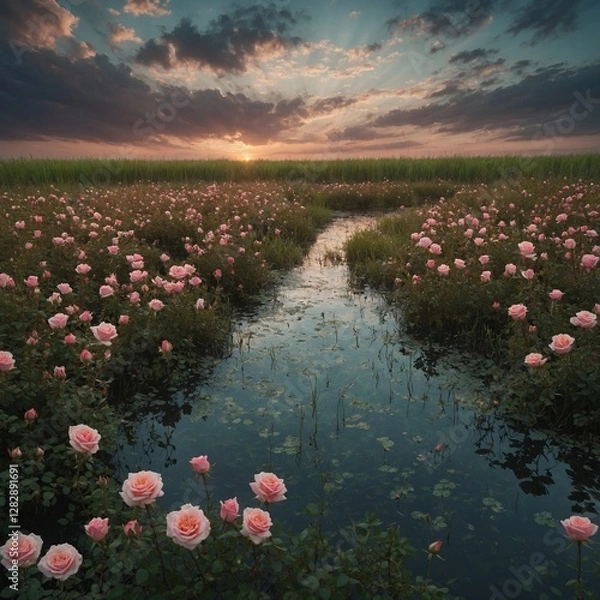 Obraz A field of tiny roses in grass, leading to a vast, dreamy water surface reflecting a fantasy sky.