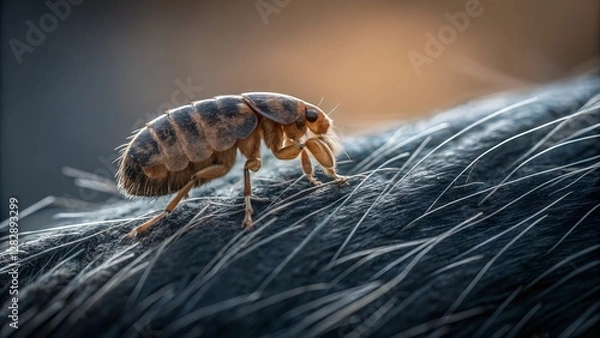 Obraz Microscopic World: A detailed shot unveils a flea in sharp focus on an animal's fur, offering a close-up view of this tiny parasite.