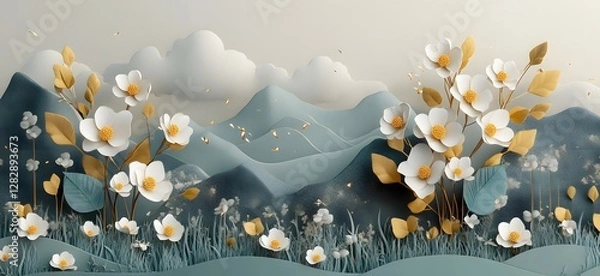 Fototapeta Elegant White Flowers Adorn Serene Paper Mountainscape