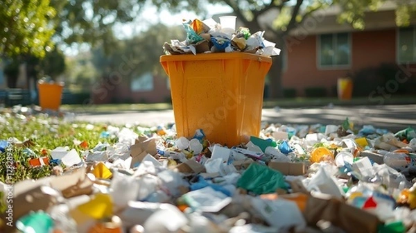 Obraz Overflowing Trash Bin Surrounded by Litter in Schoolyard