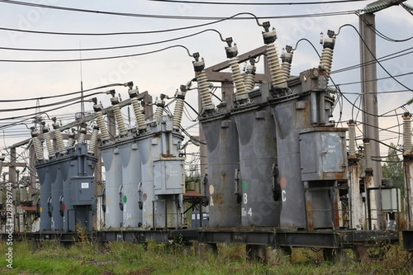 Obraz Electric wires on a column about high volt