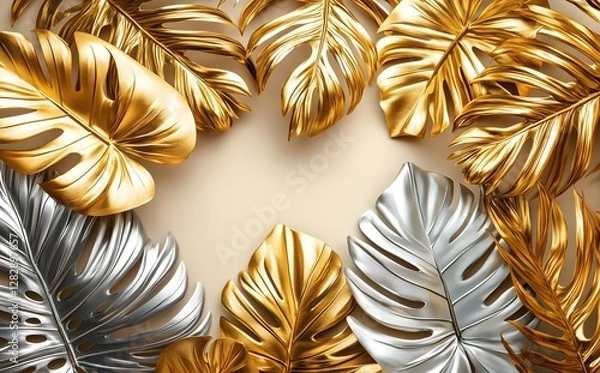 Fototapeta Gold and Silver Tropical Leaves Frame Design