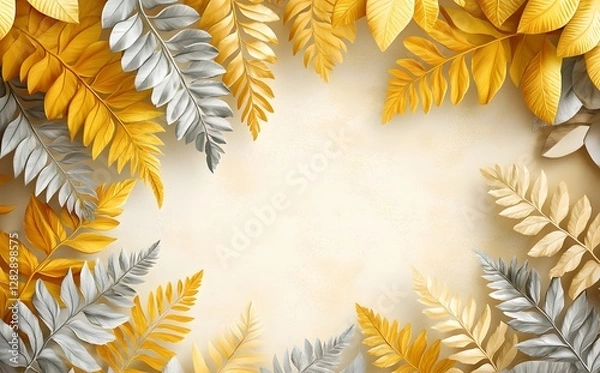 Fototapeta Golden and Silver Leaves Frame a Beige Background