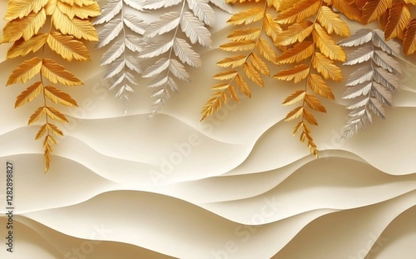Fototapeta Golden and Silver Fern Branches on a Wavy Beige Background