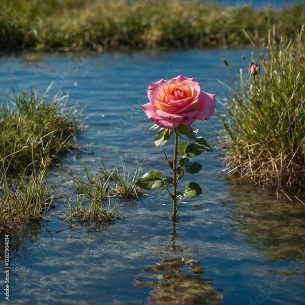 Obraz A bright summer rose in sunlit grass, with clear blue water sparkling behind it.