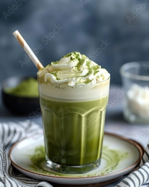 Fototapeta Ice matcha drink is steeped in a glass in a hot atmosphere with cream on top Generate AI