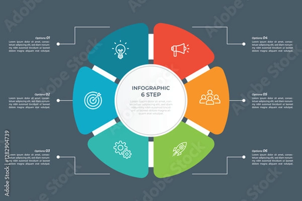 Fototapeta Pie Chart Glassmorphism Infographic Template With 6 Options, Steps, Parts, Segments. Vector Illustration For Business Financial Report