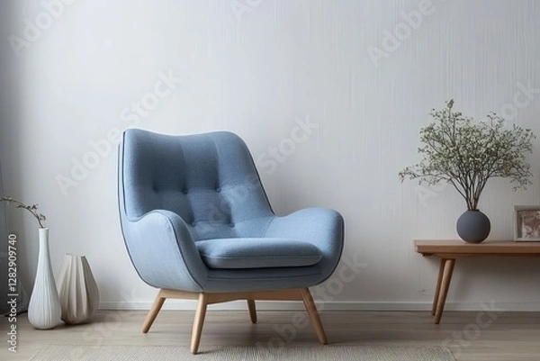 Fototapeta Scandinavian-inspired living space featuring a blue fabric armchair, clean white walls, soft wooden flooring, simple and cozy atmosphere, minimal but stylish home decor.
