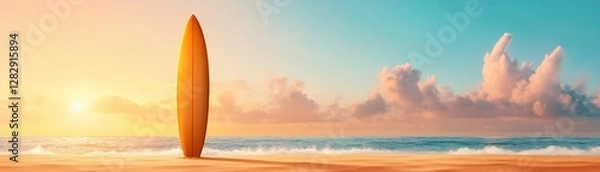 Fototapeta Surfboard Stands Tall on the Beach as the Sun Sets over the Ocean, casting a Warm Glow