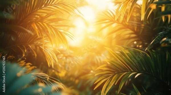 Fototapeta Sunlight streaming through lush green leaves creating a beautiful natural pattern on the ground below