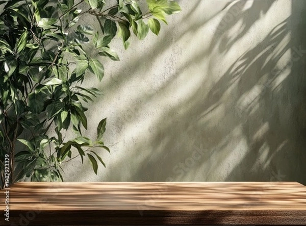 Fototapeta Wooden tabletop display with plant and wall shadows