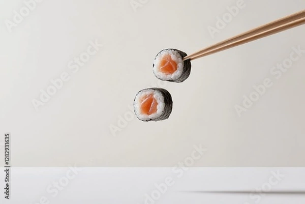 Obraz Two Salmon Sushi Rolls Held by Chopsticks