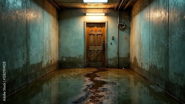 Fototapeta Moody subterranean passageway with a wooden door, water damage on the floor and walls, dimly lit by overhead fluorescent light