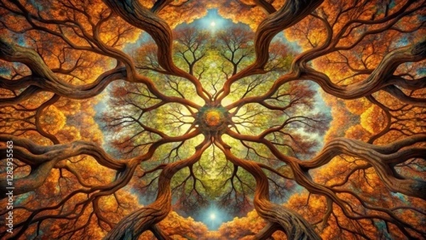 Fototapeta A towering tree stands tall with gnarled branches that twist and turn in impossible directions, its bark a deep brown and its leaves a kaleidoscope of colors , surreal, nature-inspired art