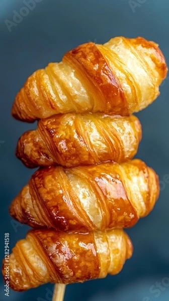 Fototapeta Golden Brown Croissant Stacked on Skewers Against a Soft Background