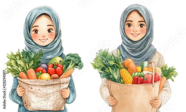 Fototapeta Girls in hijabs smiling with baskets of colorful vegetables, embodying fresh market joy and healthy living enthusiasm Isolated on white background or PNG