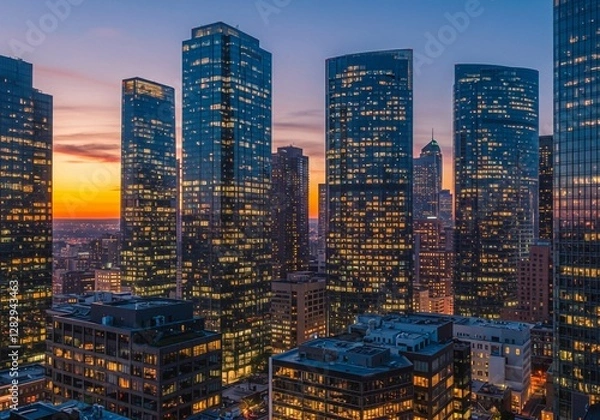 Fototapeta This photo highlights the architectural beauty of modern skyscrapers, with their varied heights and reflective glass in an urban setting