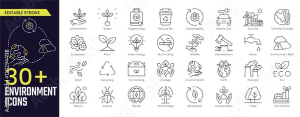 Obraz Environment Stroke icon collections. Containing recycling, plant, nature, eco, earth, green energy, trees, ecology and more icons. Editable Stroke icon collection Outline icon