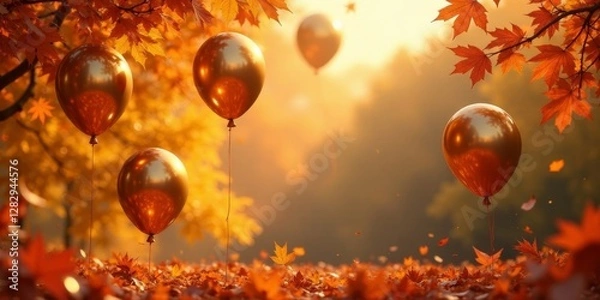 Fototapeta Golden Balloons Floating Amidst Autumn Leaves in a Park Setting at Sunset