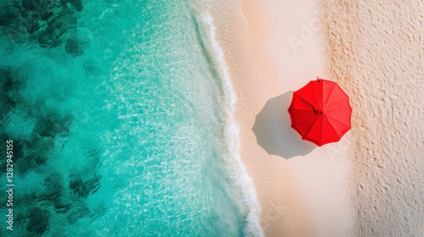 Obraz Relaxing beach scene with red umbrella tropical coastline aerial view serene environment summer vibes