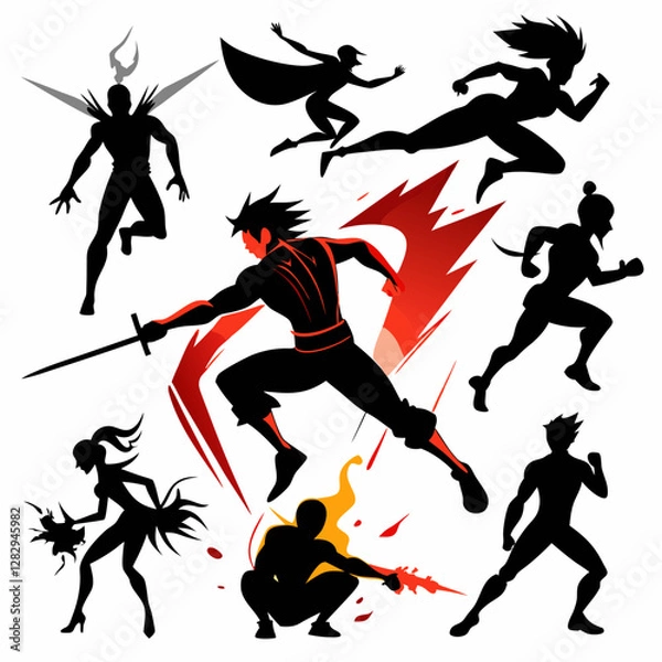 Fototapeta Superhero Silhouette Vector Illustration with Fire and Energy Effects
