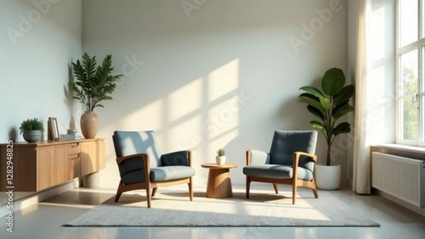 Fototapeta Serene living room with mid-century modern armchairs, sunlight streaming through window, wooden side board, and potted plants