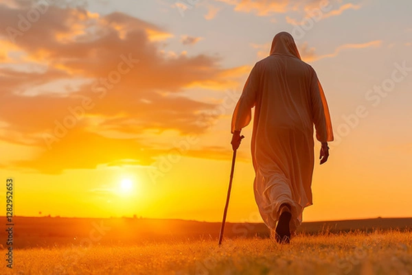 Fototapeta Solitary figure walks at sunset across a grassy field, towards a vibrant sky; perfect for spirituality, contemplation, or travel themes