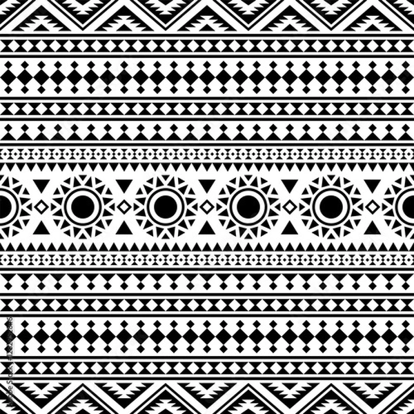 Fototapeta Aztec-inspired seamless pattern with bold geometric squares. Black and white tribal motif, perfect for textile prints, backgrounds, and graphic design projects