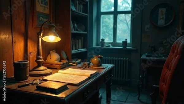Fototapeta Illuminated Antique Desk with Open Book and Vintage Accessories in a Dark Room