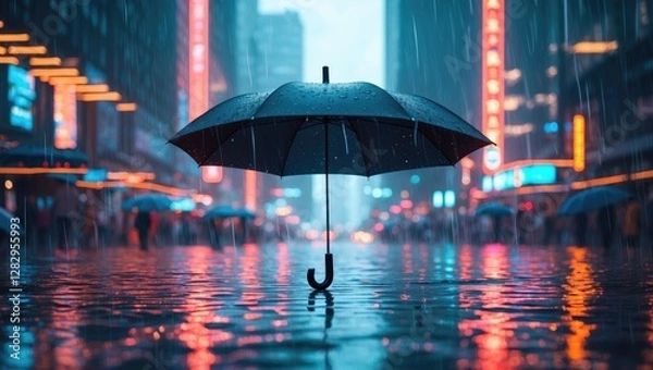 Fototapeta Urban nighttime scene with an open black umbrella in the rain surrounded by blurred neon lights and reflections on wet pavement.