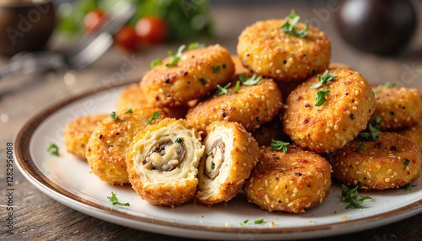 Fototapeta Delicious golden breaded chicken bites on wooden table