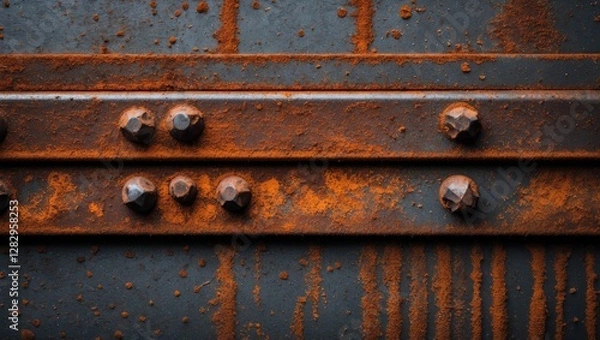 Obraz Rusty metal surface with rivets and textured corrosion showing orange rust and dark blue patina background