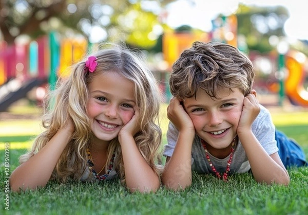 Fototapeta two children, one girl and the other boy, aged between three to five years old lying on their backs in green grass nexto eachother with slide behind them