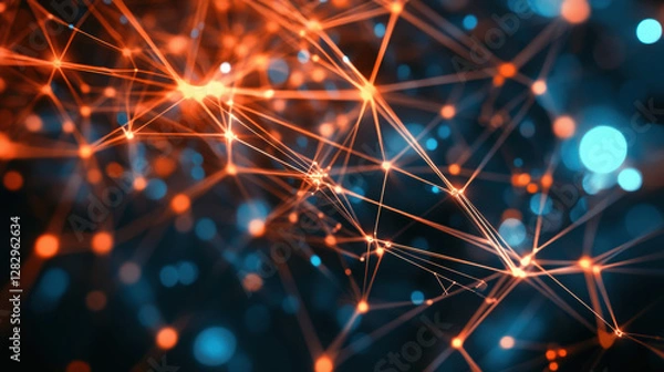 Fototapeta Abstract interconnected network of glowing nodes and lines representing data flow visualization and technological communication infrastructure with complex connections