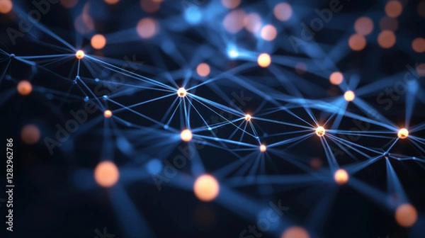 Fototapeta Complex network structure with glowing nodes and interconnected lines symbolizing advanced technology data visualization and global communication networks