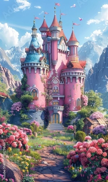 Fototapeta royal castle kingdom background with natural and colorful scenery and beautiful cloud Generate AI