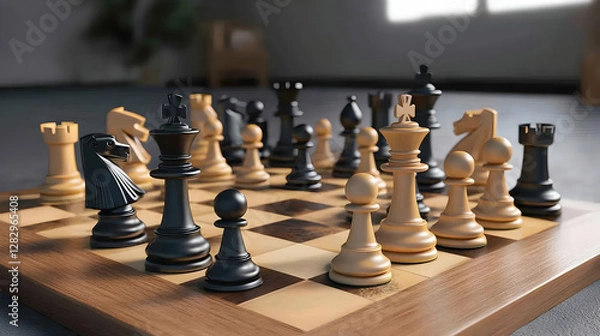 Obraz Chessboard Displaying Chess Pieces Arranged For A Strategic Game With Wooden Table Top And Light Shadow