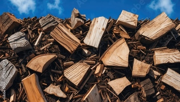 Fototapeta Stacked pieces of cut wood against a blue sky showcasing various shapes and textures of timber in a lumber yard or woodpile.