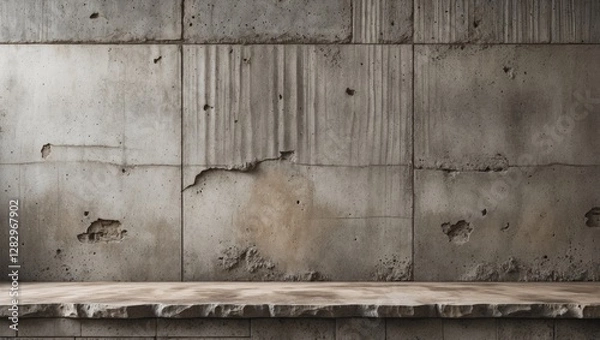 Fototapeta Concrete wall texture with rough weathered surface and wooden shelf in interior setting