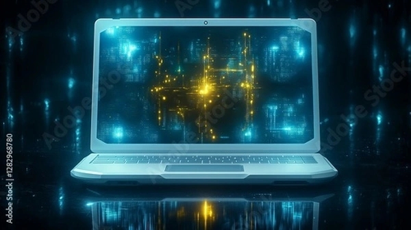 Fototapeta A high-tech laptop displaying a digital network glowing with futuristic elements symbolizing cybersecurity innovation and data analytics perfect for modern business and AI-powered security