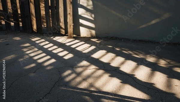 Fototapeta Shadow patterns created by wooden fence slats on concrete surface in natural light